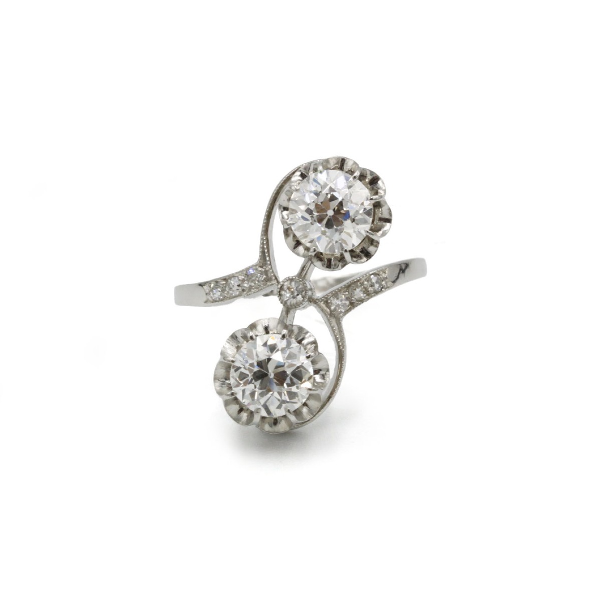Bague Toi et Moi Art déco en platine – 2×1,00 ct diamants taille ancienne européenne, France-photo-1