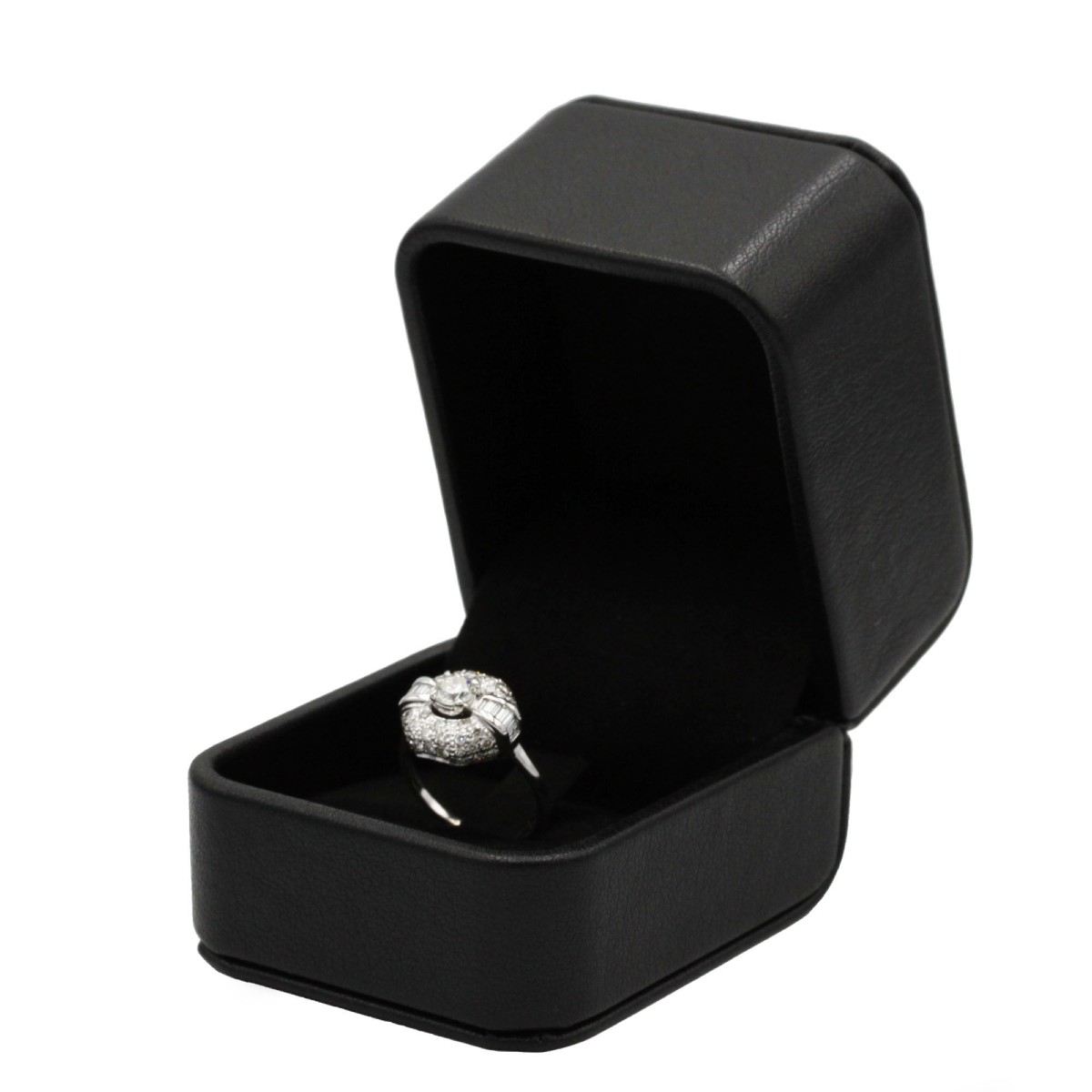 French Art Deco Ring In 18k White Gold Set With Baguette And Round Diamonds-photo-2