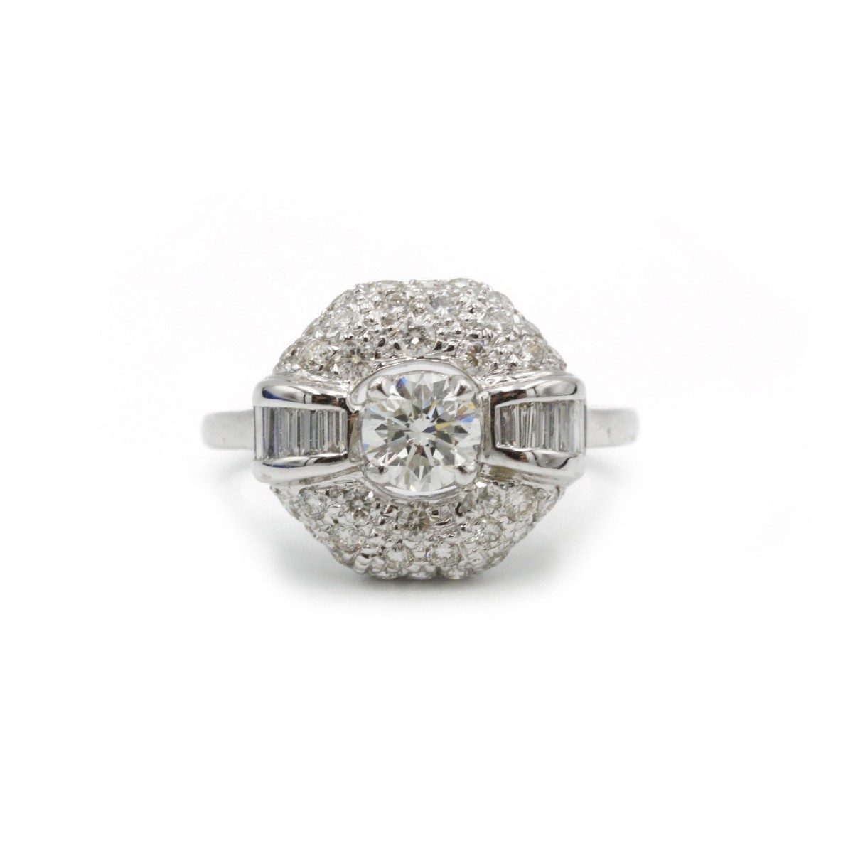 French Art Deco Ring In 18k White Gold Set With Baguette And Round Diamonds