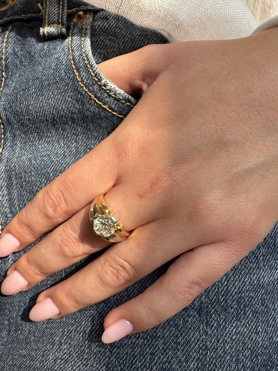 Vintage 18k Two-tone Gold Ring Set With A 2.00 Ct Old-cut Diamond, 1950s-photo-4