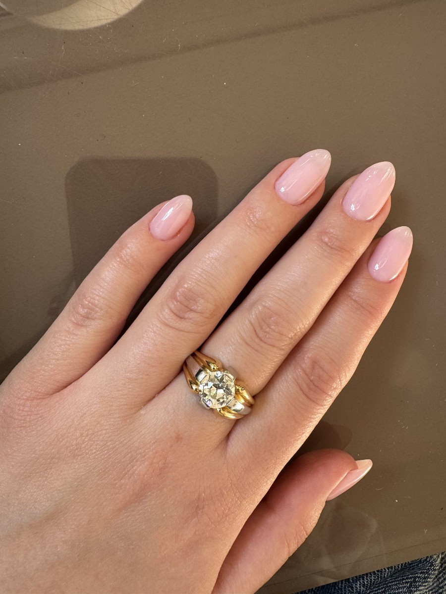 Vintage 18k Two-tone Gold Ring Set With A 2.00 Ct Old-cut Diamond, 1950s-photo-3