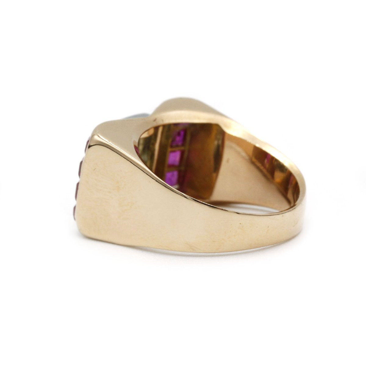 Bague Tank française or jaune 18 K diamants et rubis calibrés années 50 -photo-4