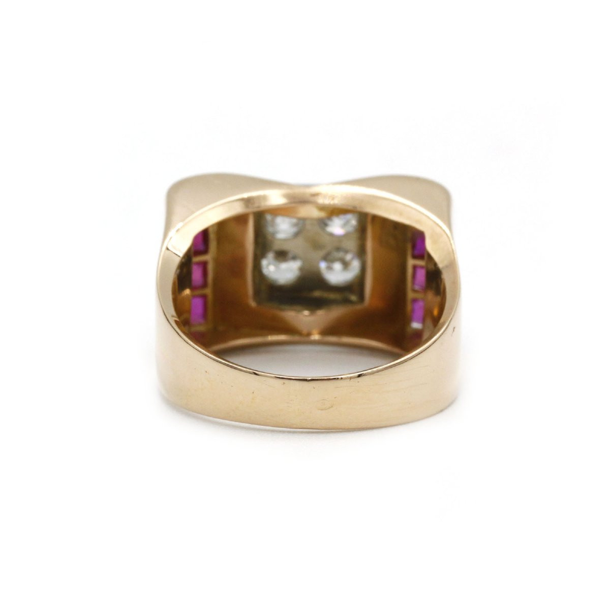Bague Tank française or jaune 18 K diamants et rubis calibrés années 50 -photo-5