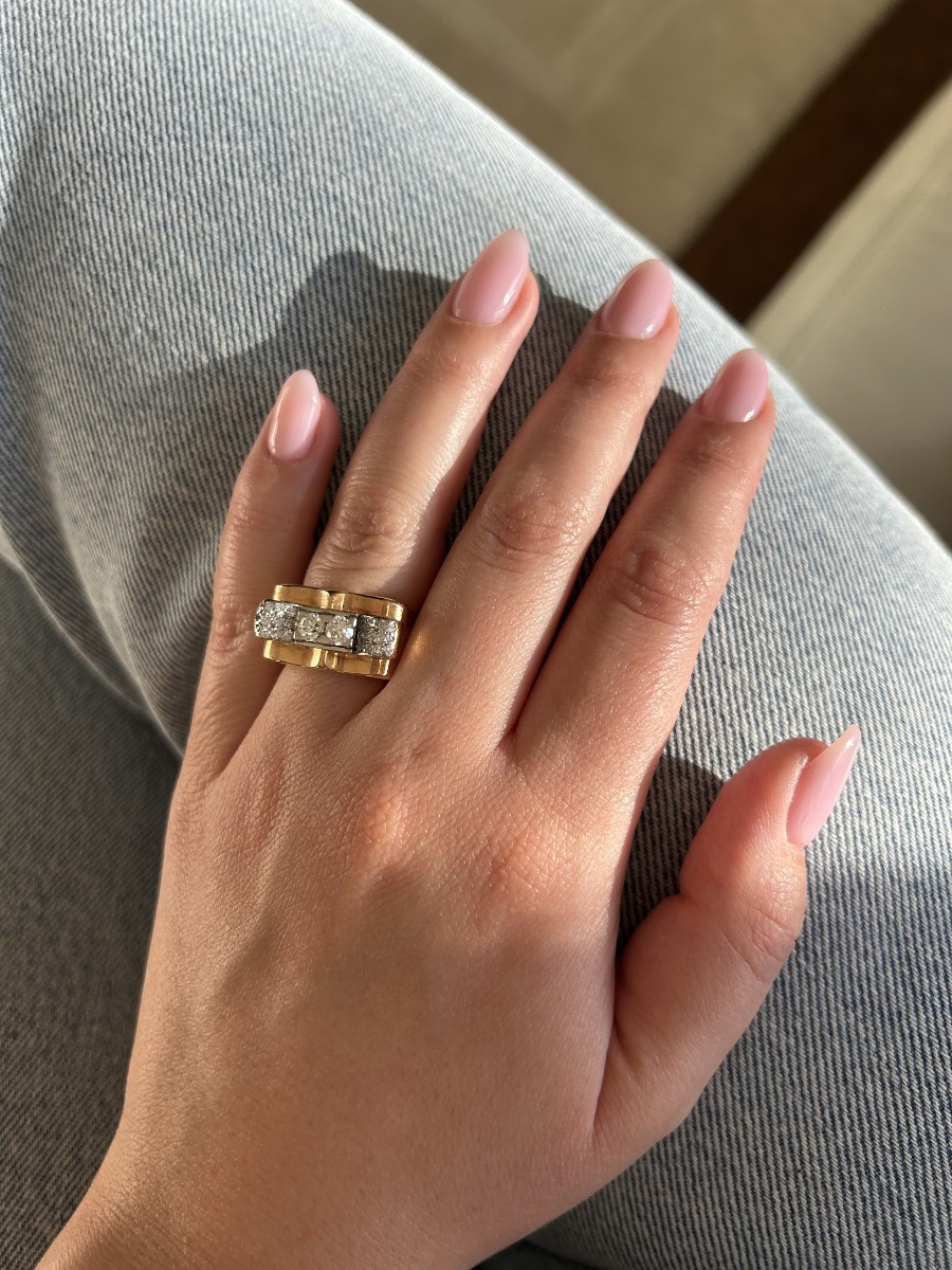 Bague vintage  “Tank” en or jaune 18 K et platine 950 sertie de diamants-photo-2