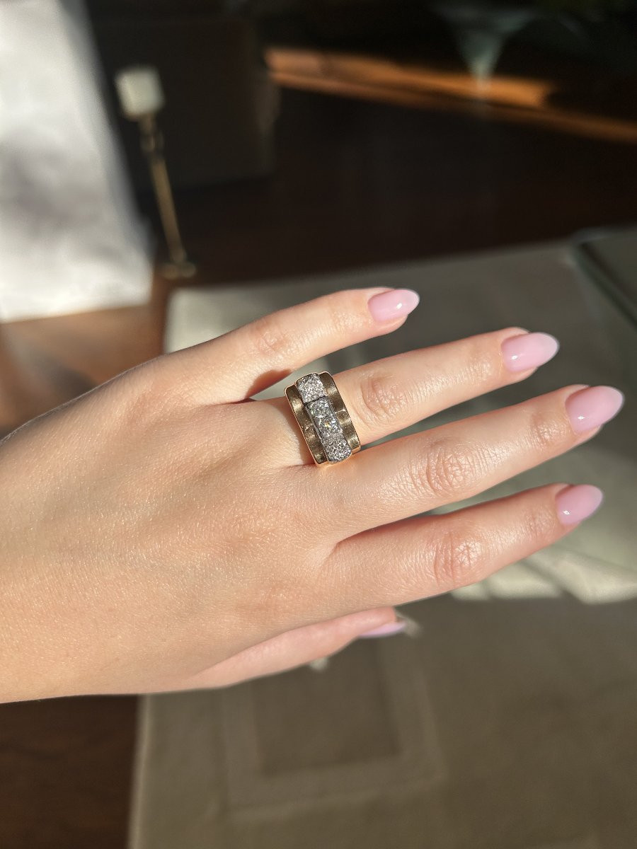 Bague vintage  “Tank” en or jaune 18 K et platine 950 sertie de diamants-photo-6