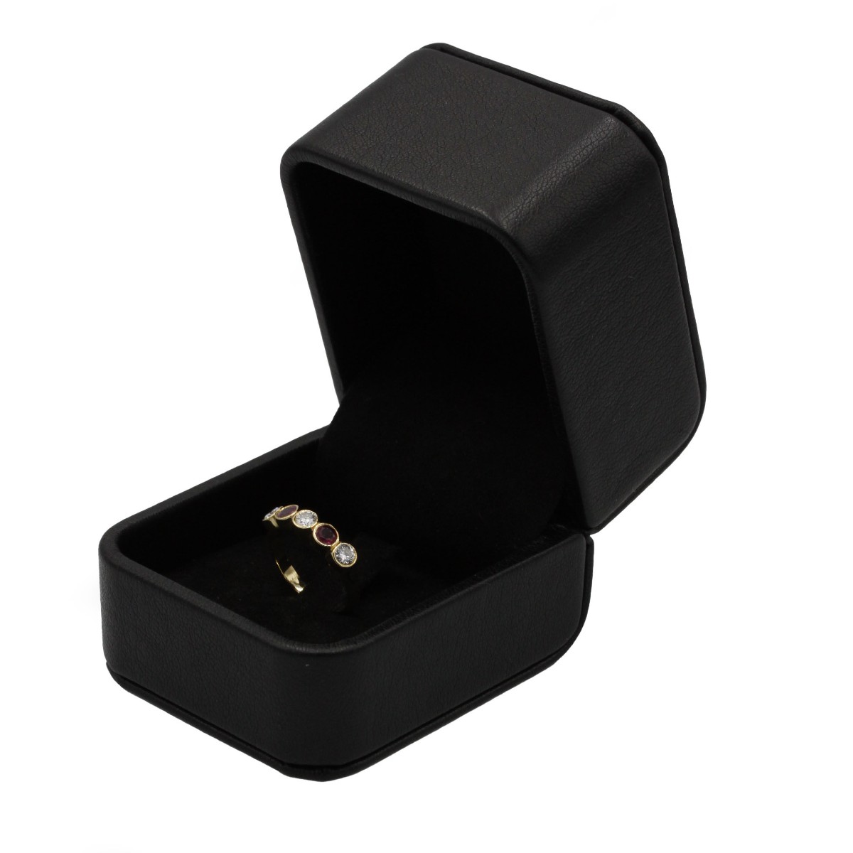 Bague demi-alliance contemporaine en or jaune 18 K sertie de diamants et rubis alternés-photo-1