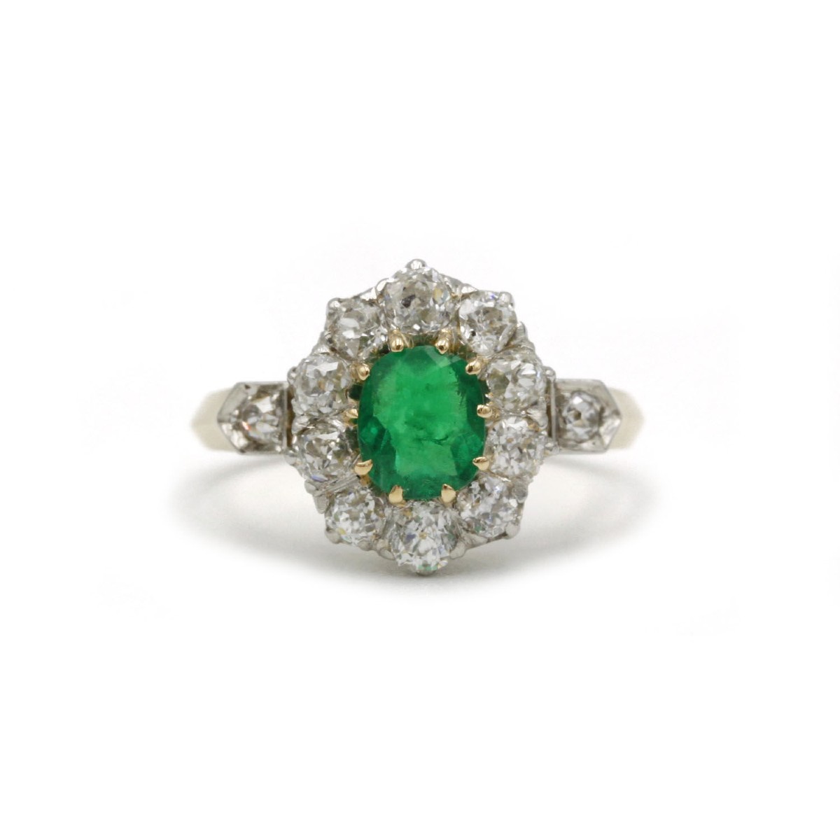 Vintage French Ring In 18k Gold And Platinum Set With Emerald And Old-cut Diamonds