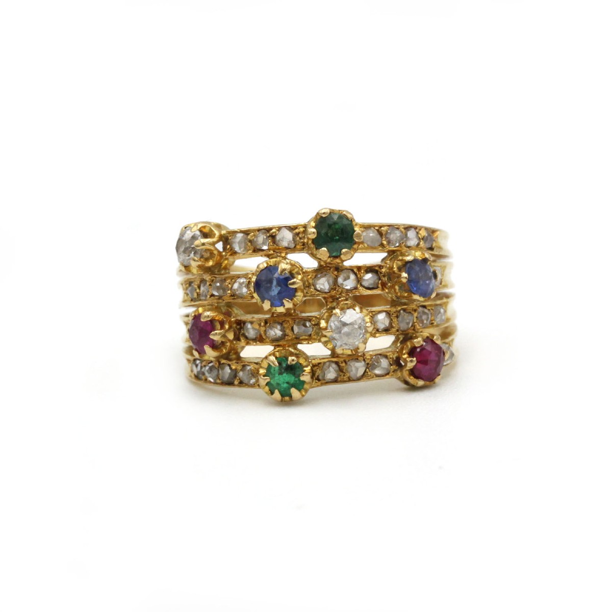 Bague - Or 750 jaune, diamants, saphirs, rubis, émeraudes