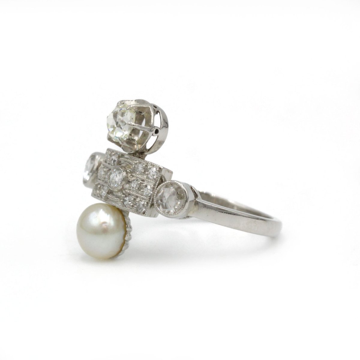 Bague art deco - Or blanc, perles et diamants-photo-4