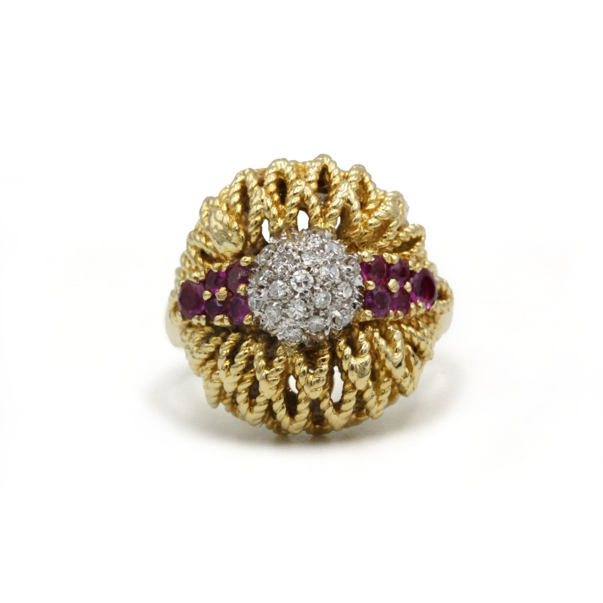 Textured 60s Retro Ring In 750 Yellow Gold, Diamonds And Rubies 