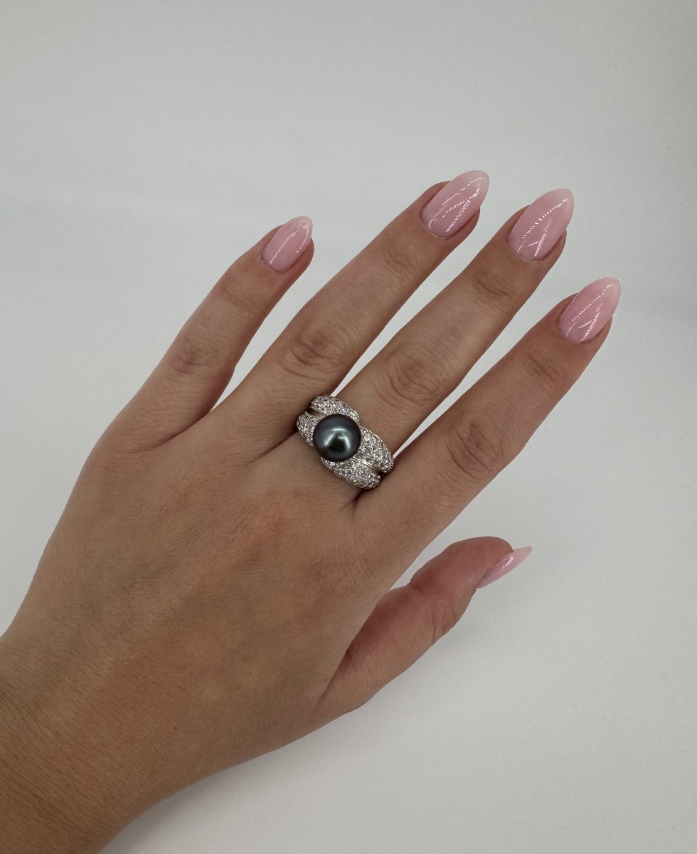 750 White Gold Ring With Approximately 3 Carat Diamonds And Tahitian Pearl-photo-4