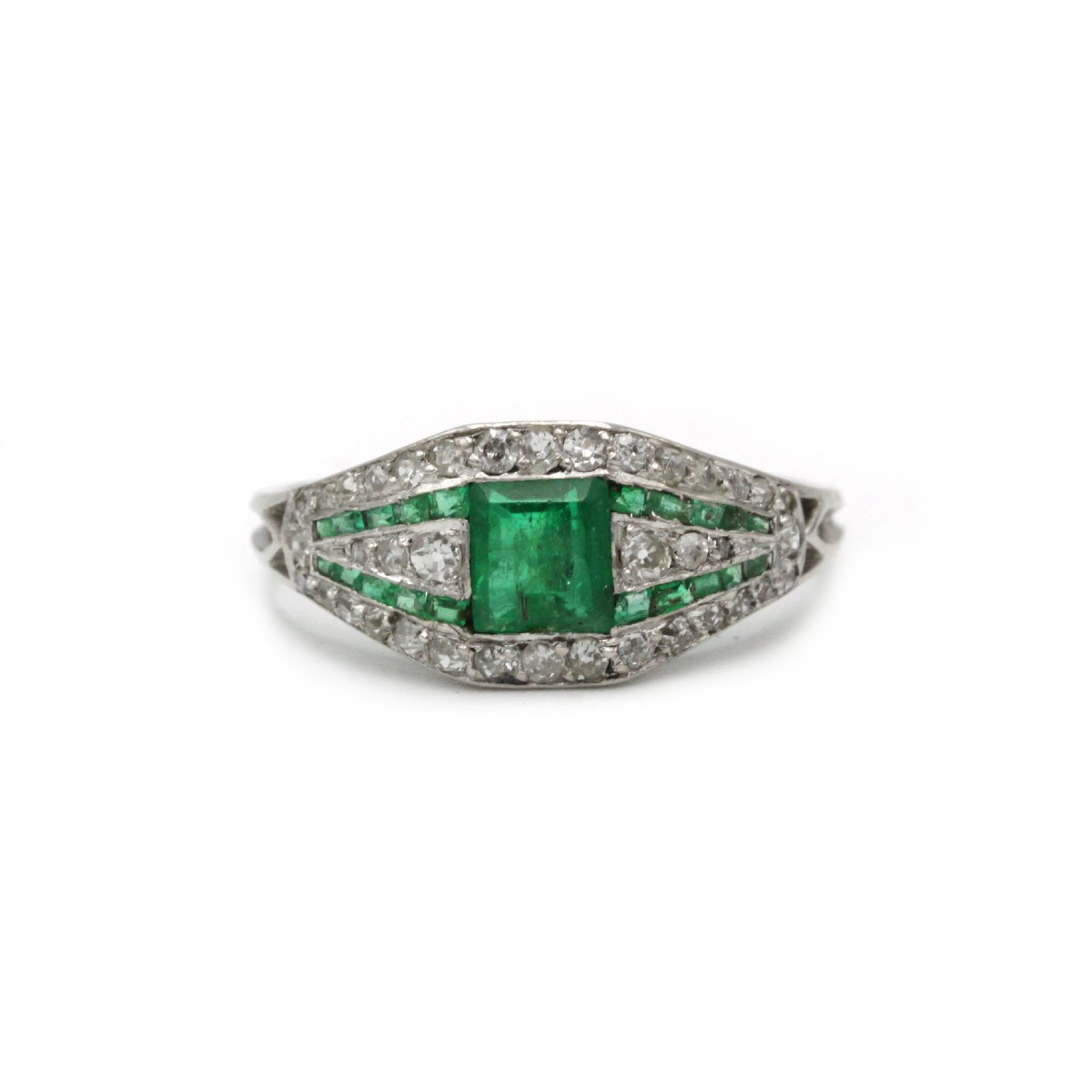 Art Deco Ring, Emeralds And Diamonds, Platinum