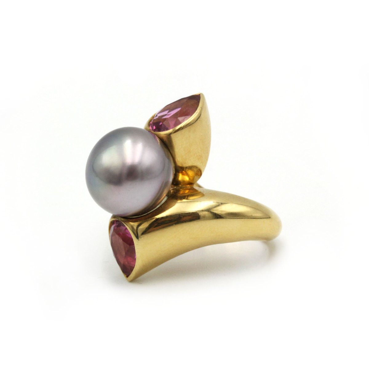 750 Yellow Gold Ring With Pearl And 2 Pink Tourmalines -photo-2