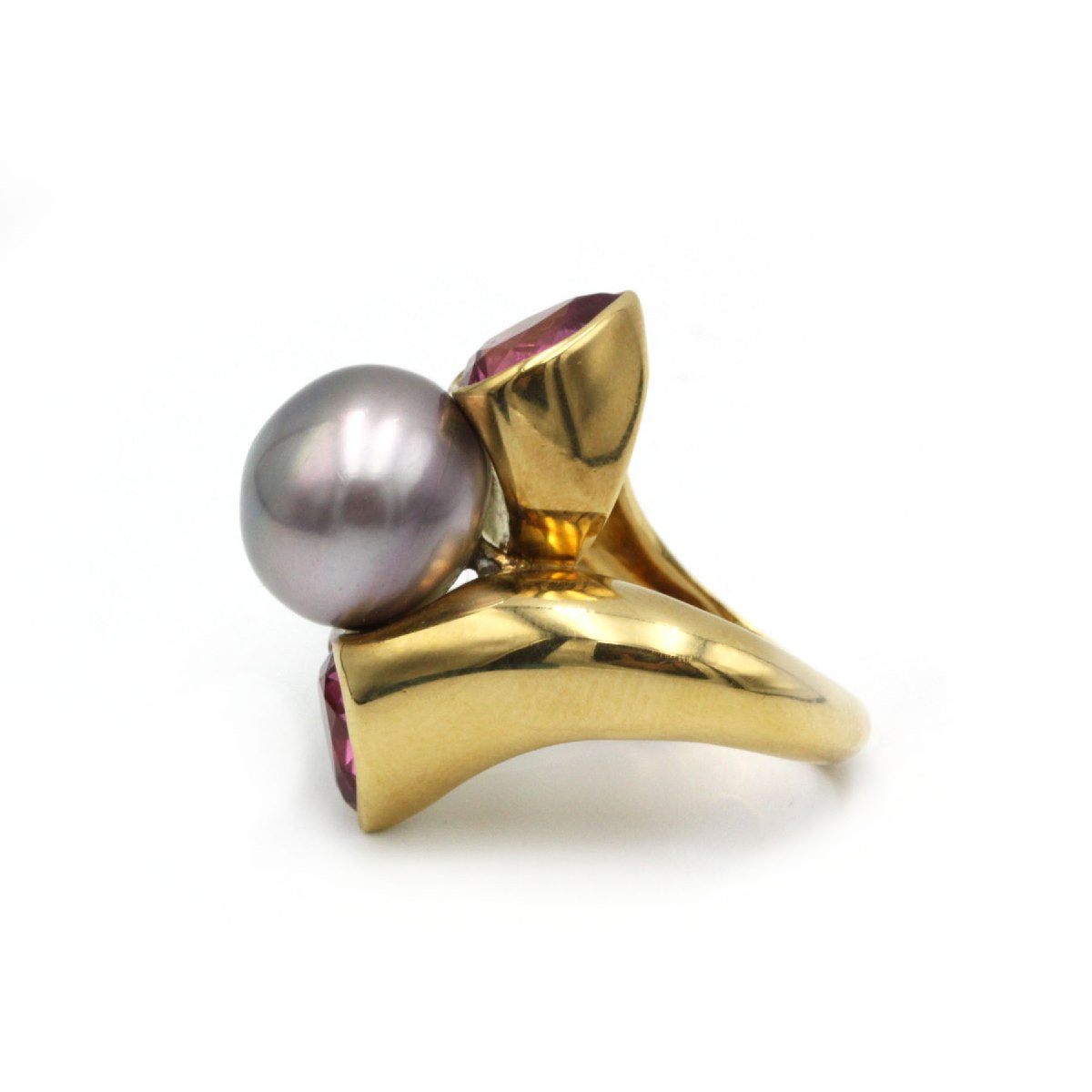 750 Yellow Gold Ring With Pearl And 2 Pink Tourmalines -photo-3