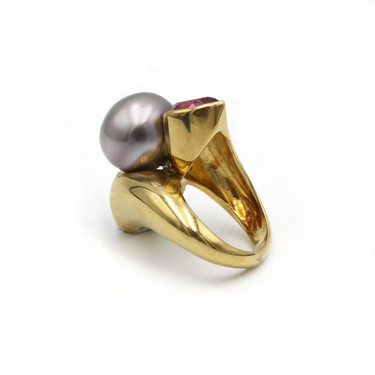 750 Yellow Gold Ring With Pearl And 2 Pink Tourmalines -photo-4