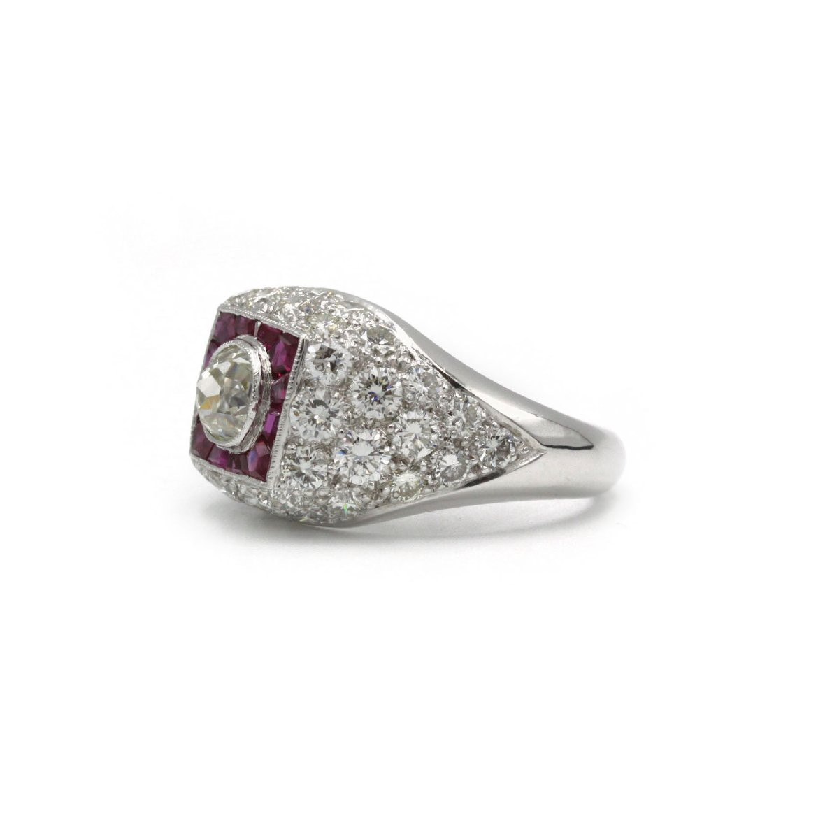 Bague en platine des années 50 style art deco diamants et rubis calibrés-photo-2