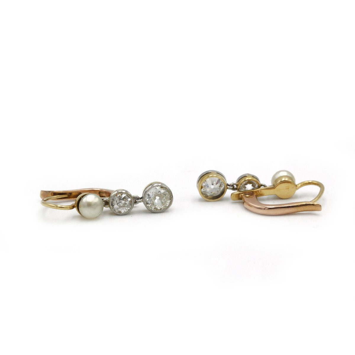 750 Rose Gold Earrings With Old-cut Diamonds And Pearls-photo-2