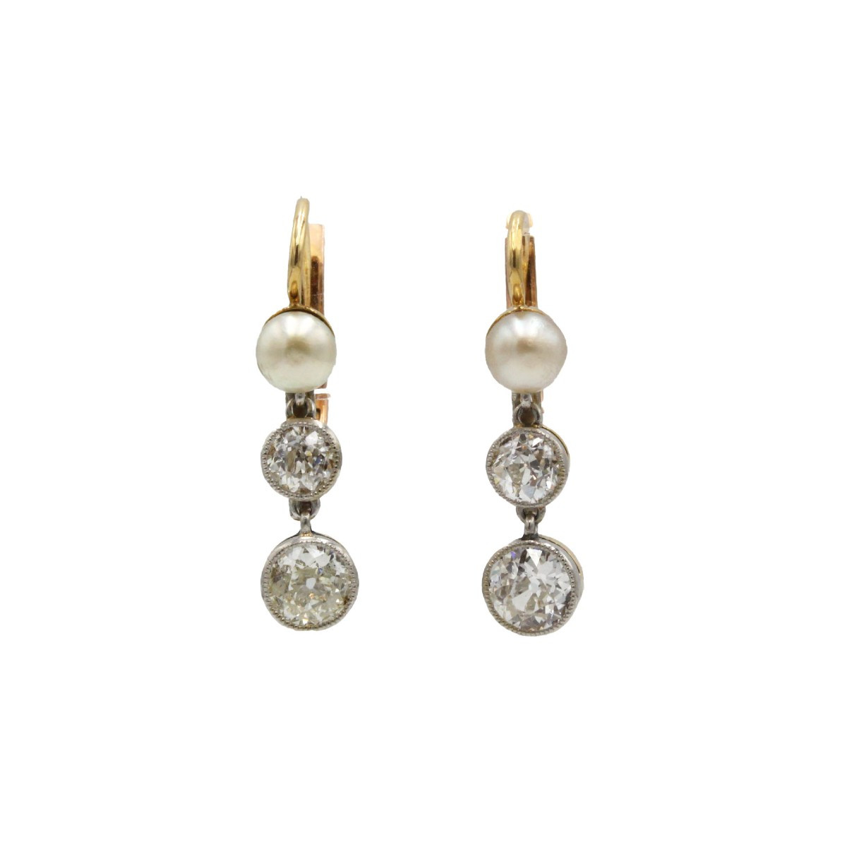 750 Rose Gold Earrings With Old-cut Diamonds And Pearls