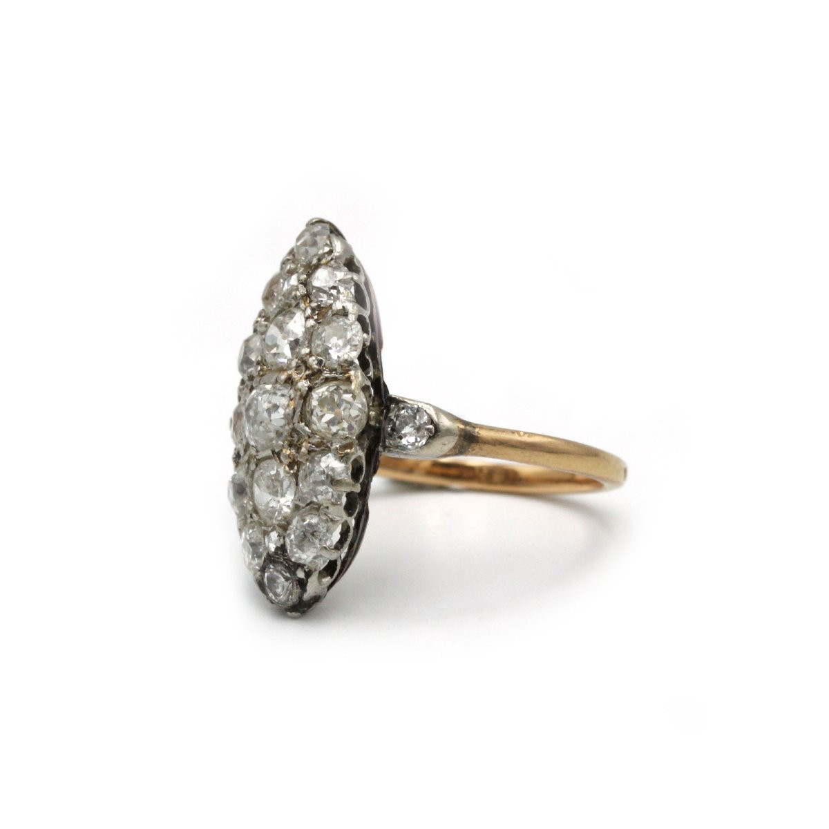 Marquise Ring In 750 Yellow Gold, 15 Old-cut Diamonds, Approximately 1.50 Carats-photo-2