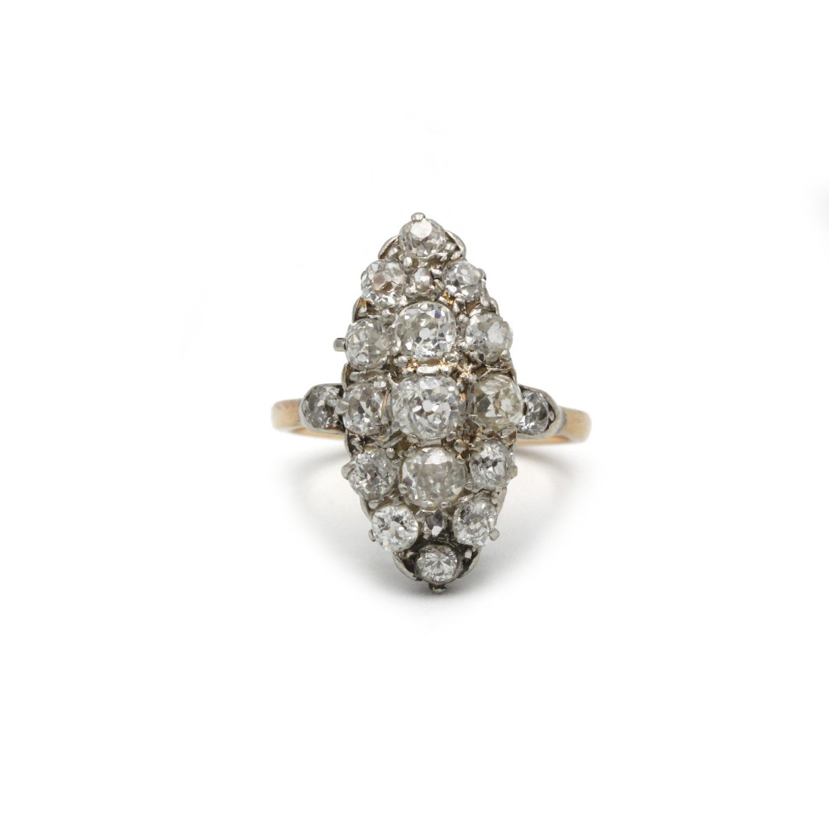 Marquise Ring In 750 Yellow Gold, 15 Old-cut Diamonds, Approximately 1.50 Carats