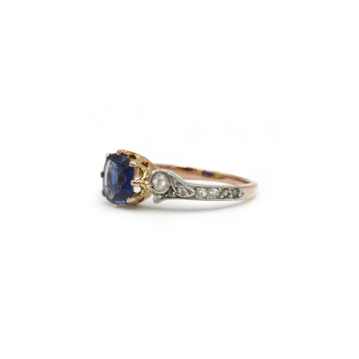 Art Nouveau Ring In 750 Gold With Rose-cut Diamonds And Sapphire, Approximately 1 Carat, 2.5 Grams -photo-2