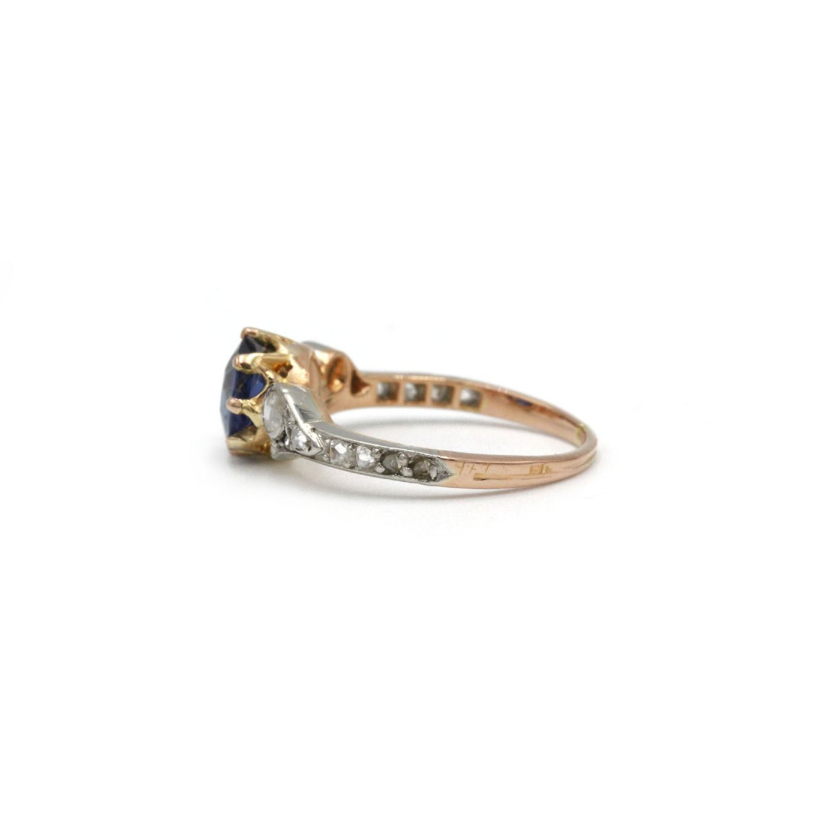 Art Nouveau Ring In 750 Gold With Rose-cut Diamonds And Sapphire, Approximately 1 Carat, 2.5 Grams -photo-3