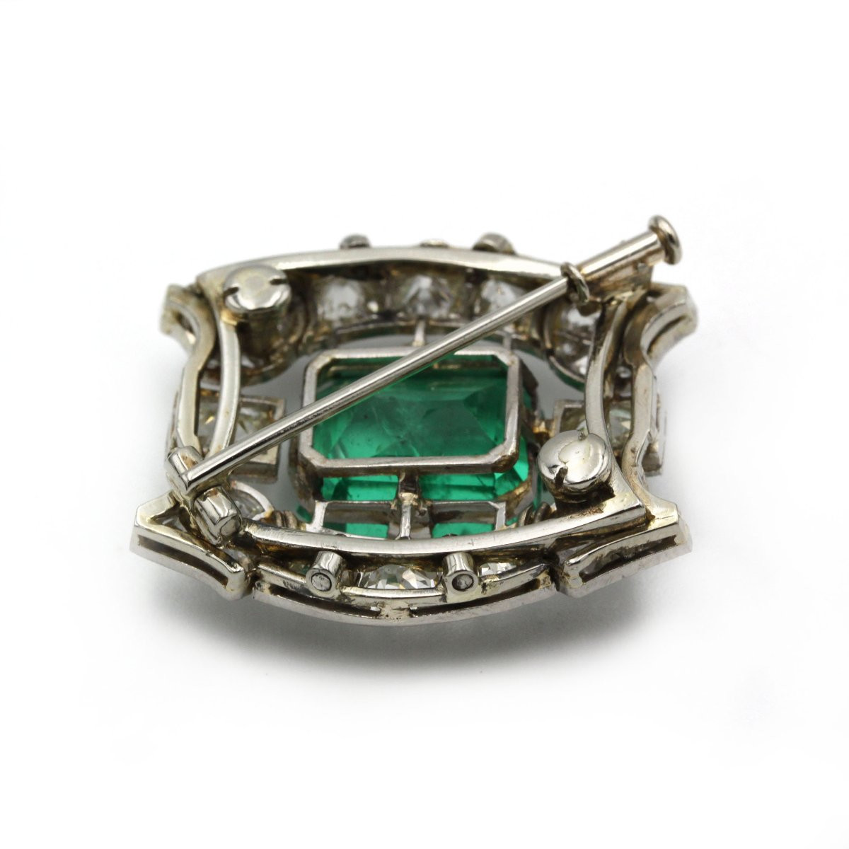 Broche art deco or et platine, émeraude colombien 9.45 carats diamants tailles anciennes-photo-2