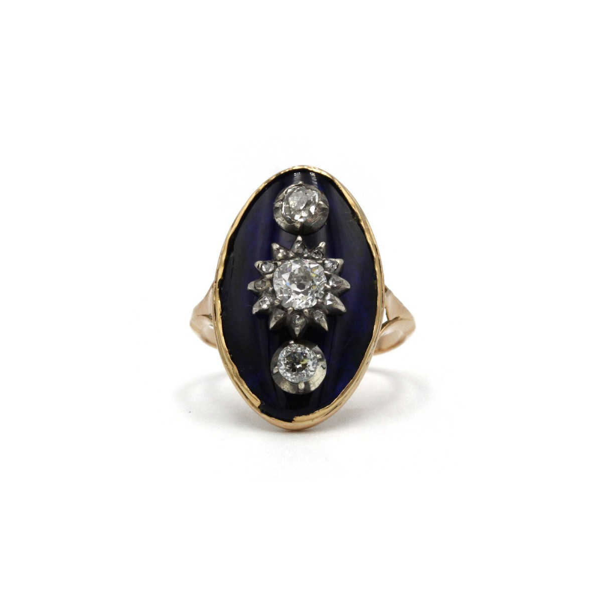 750 Yellow Gold Ring With Blue Lacquer And Old-cut Diamonds