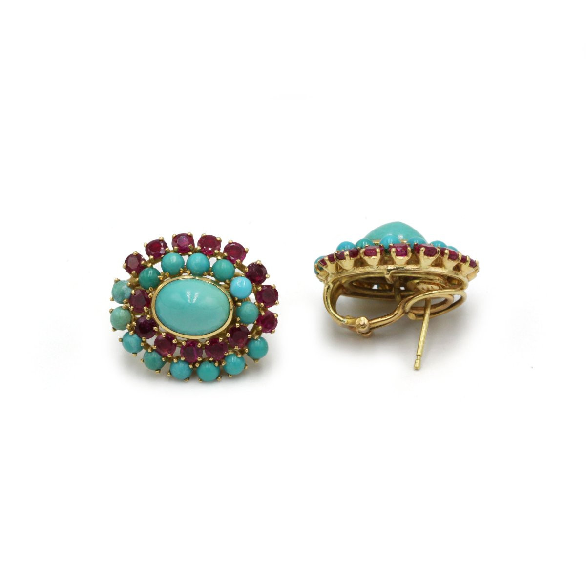 Earrings, 1950s, 18k Yellow Gold, Rubies And Turquoise-photo-3