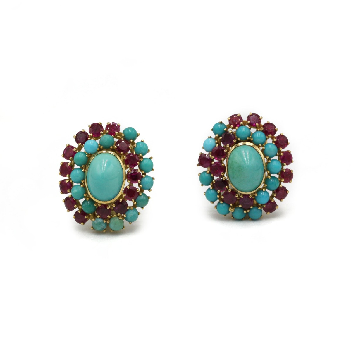 Earrings, 1950s, 18k Yellow Gold, Rubies And Turquoise