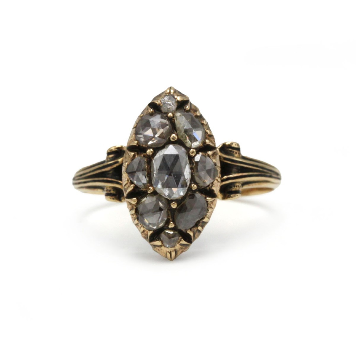 Bague marquise 19e, or 750 diamants tailles roses