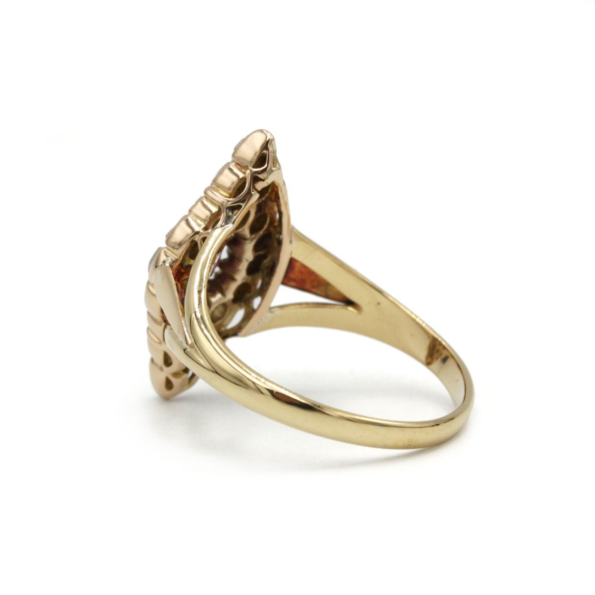 Antique Marquise Ring In 18k Yellow Gold, Rose-cut Diamonds And Rubies -photo-1