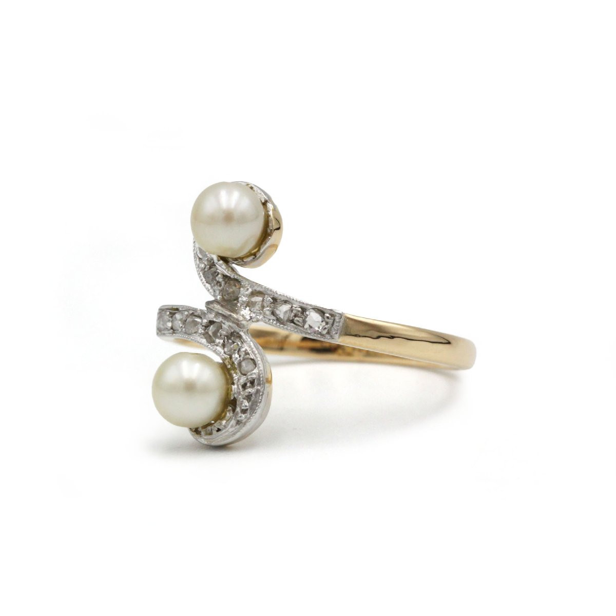 Art Nouveau Toi Et Moi Ring With Pearls And Rose-cut Diamonds, 750 Yellow Gold And Platinum-photo-3