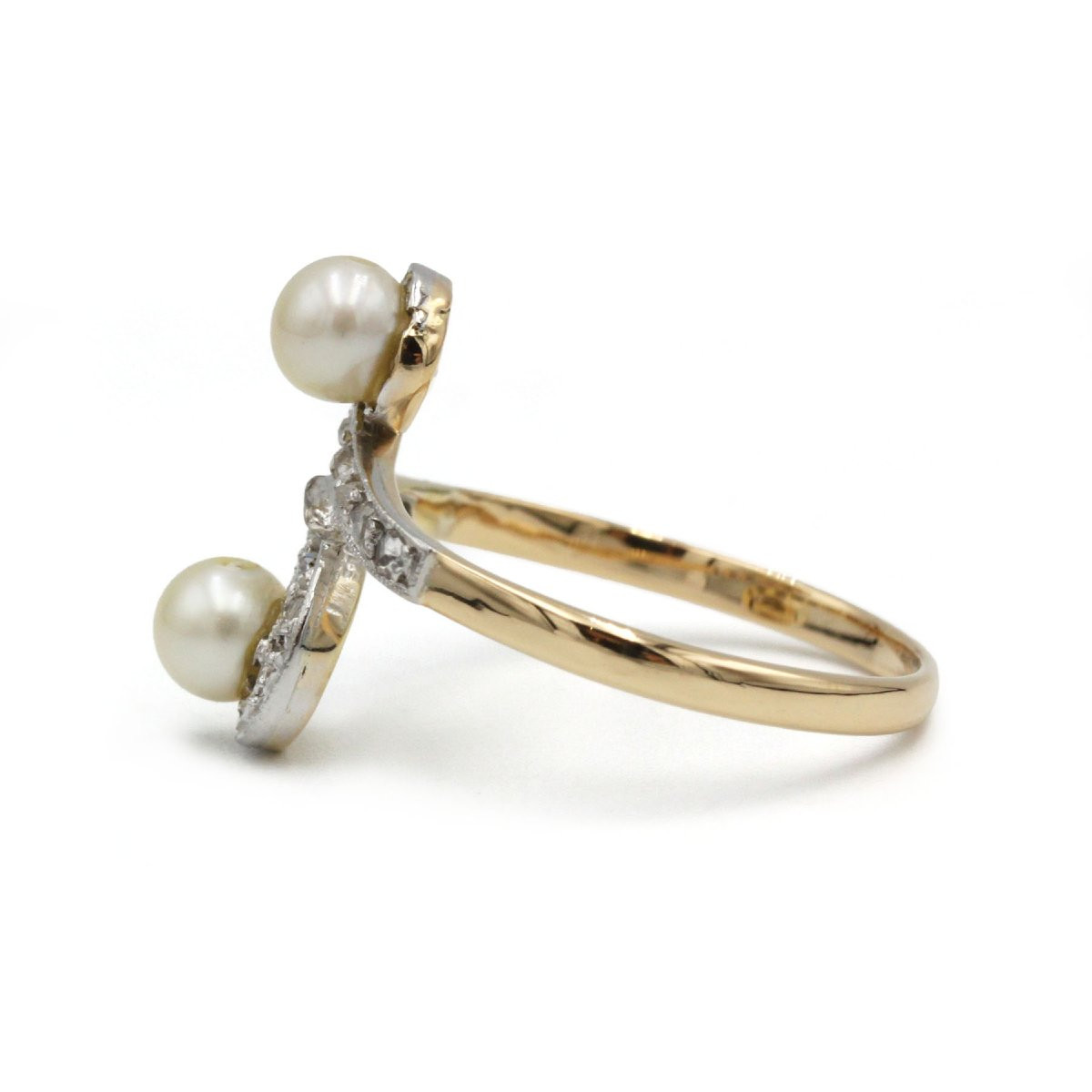 Art Nouveau Toi Et Moi Ring With Pearls And Rose-cut Diamonds, 750 Yellow Gold And Platinum-photo-4