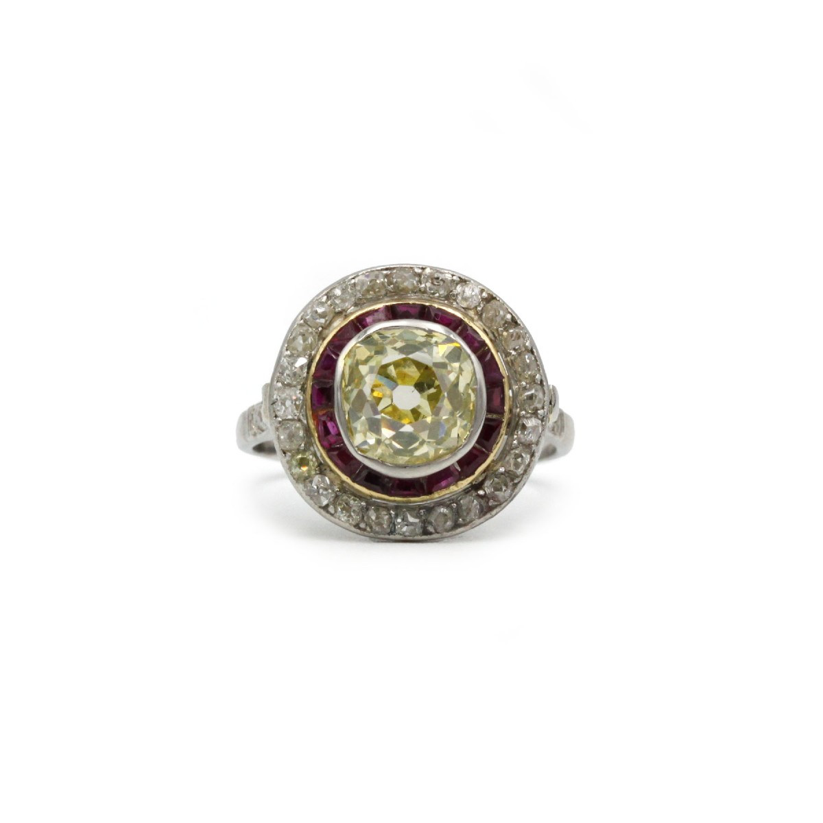 Art Deco Platinum Ring With Calibrated Diamonds And Rubies, 2.18 Carats Gia-certified Yellow Diamond