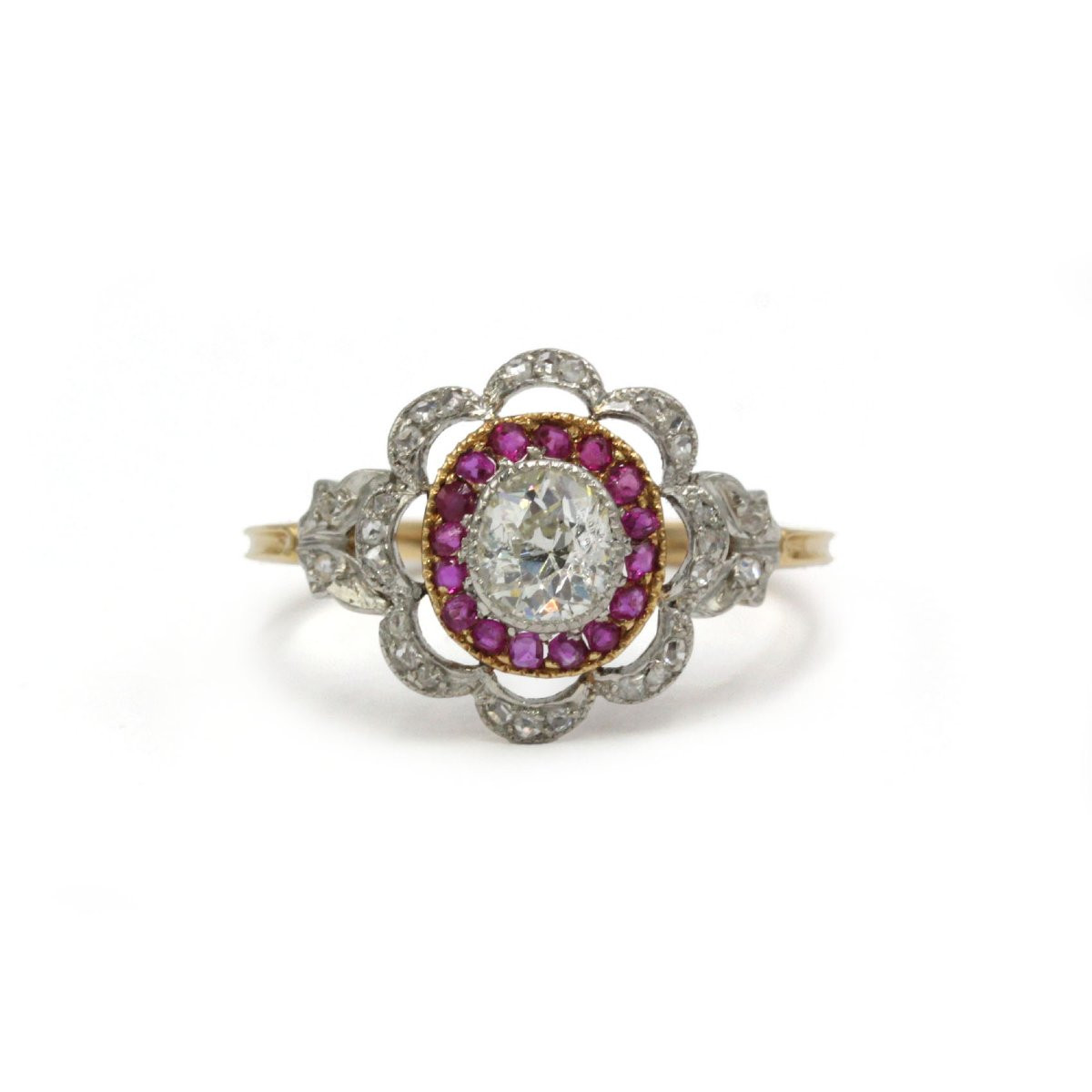 Bague Cocktail Ancienne en Or 750 et Platine, Diamants et Rubis-photo-1