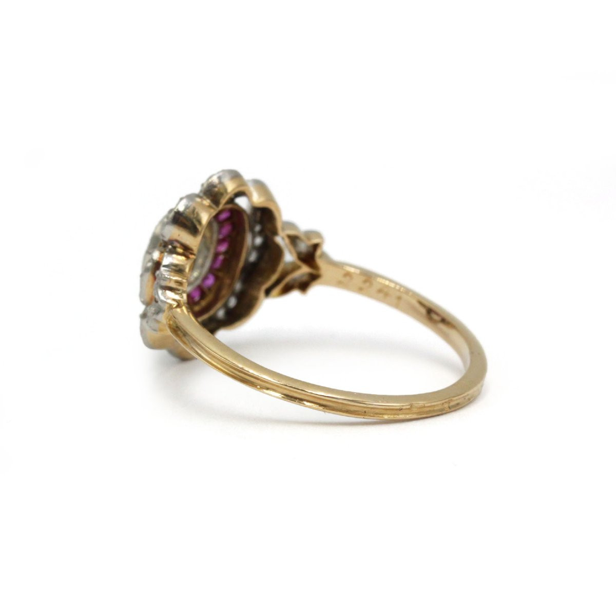 Bague Cocktail Ancienne en Or 750 et Platine, Diamants et Rubis-photo-4