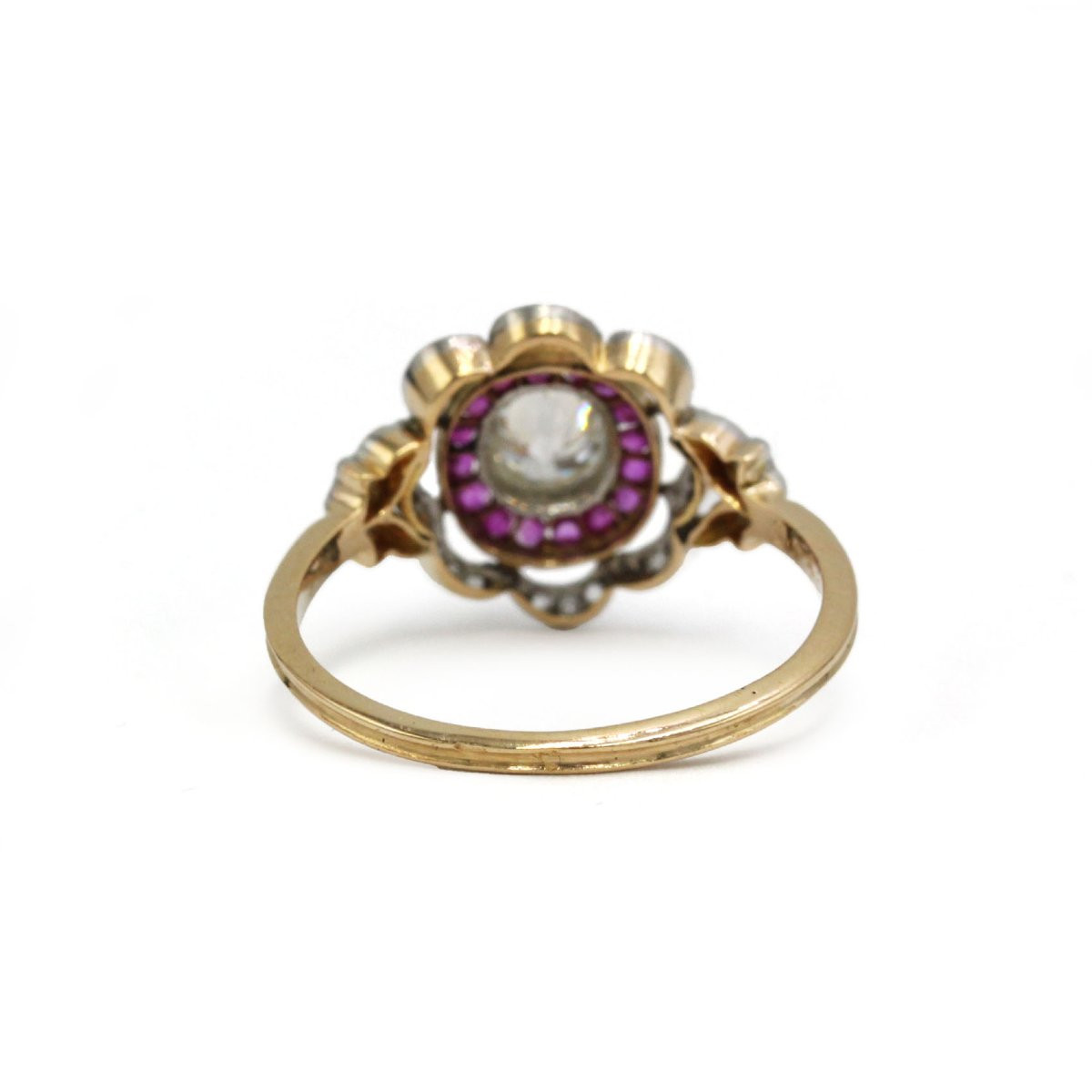 Bague Cocktail Ancienne en Or 750 et Platine, Diamants et Rubis-photo-5