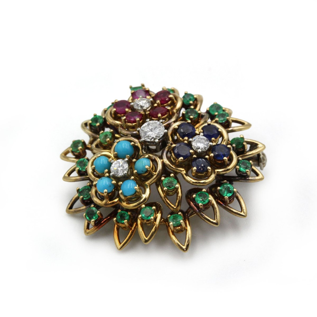 Broche en or jaune 750 diamants, rubis, émeraudes, saphirs et turquoises-photo-2