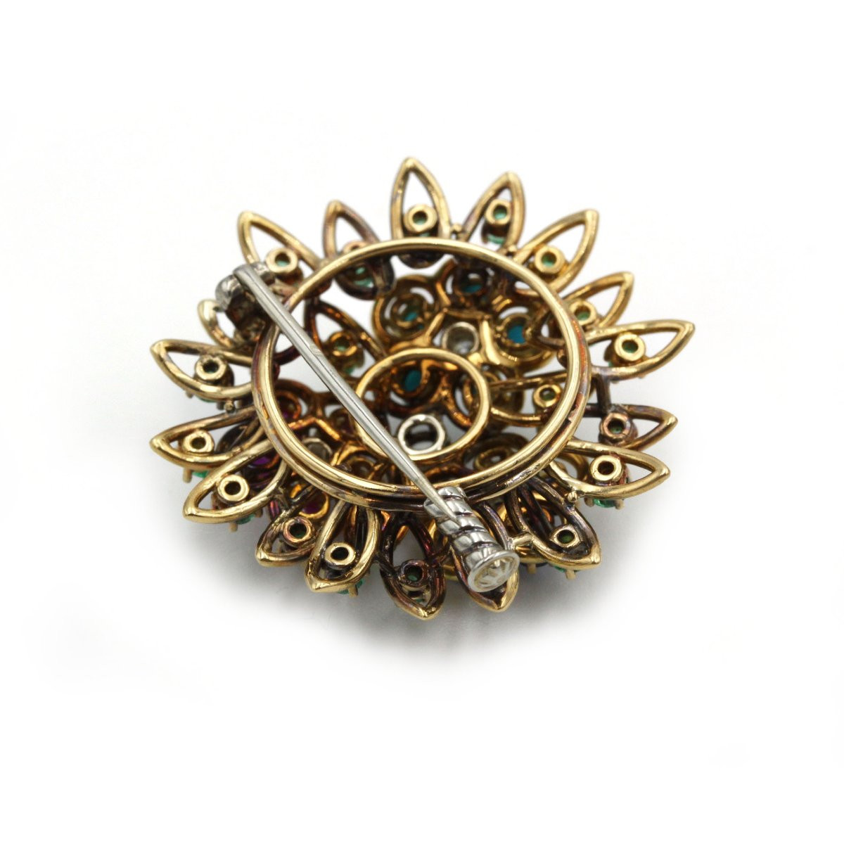 Broche en or jaune 750 diamants, rubis, émeraudes, saphirs et turquoises-photo-4