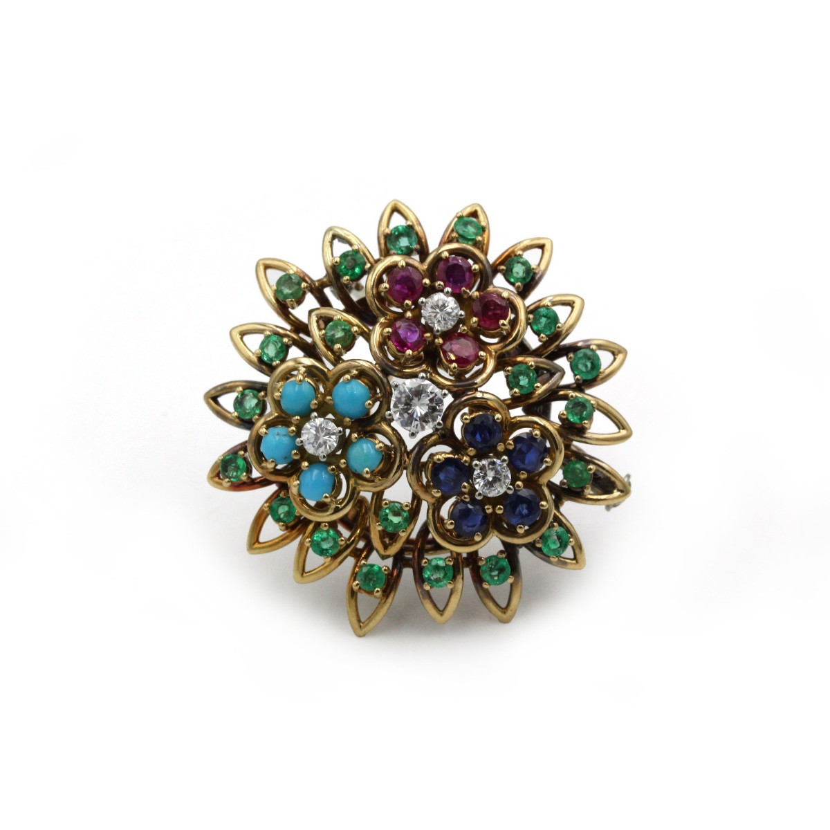 Broche en or jaune 750 diamants, rubis, émeraudes, saphirs et turquoises