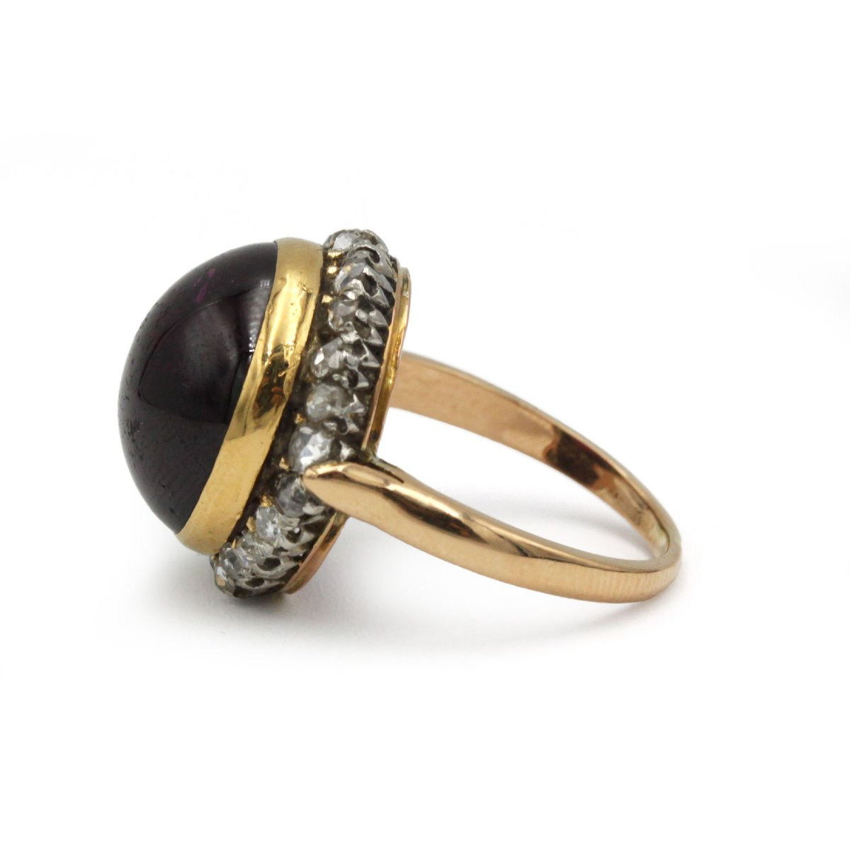 Bague en or jaune 750, diamants tailles anciennes et grenat cabochon-photo-4