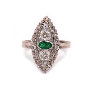 French Art Deco Marquise Ring (1910s–1920s) Set With An Emerald And Diamonds
