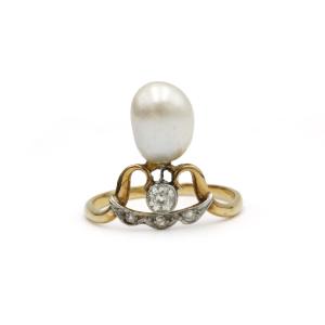 Bague “Duchesse” victorienne XIXᵉ siècle en perle et diamants – FR 51 (US 5¼)