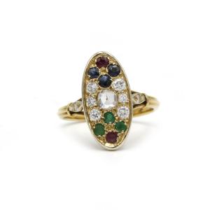 Bague navette victorienne en or jaune 18 K sertie de diamants, saphirs, émeraudes et rubis