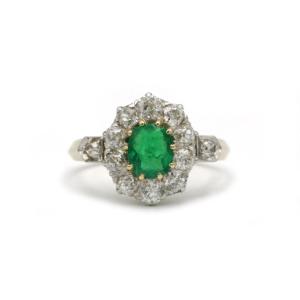 Vintage French Ring In 18k Gold And Platinum Set With Emerald And Old-cut Diamonds