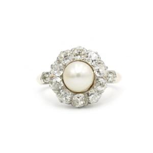 Pearl And Diamond Cluster Ring In 750‰ Yellow Gold & 950‰ Platinum