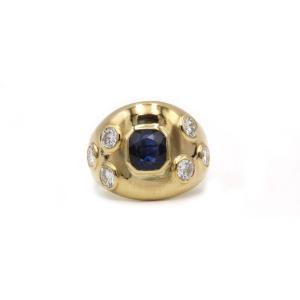 70's Ring In 750 Yellow Gold With Diamonds And Sapphire