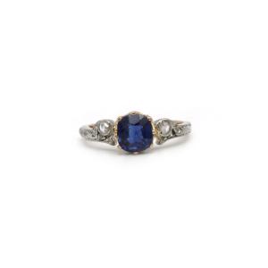 Art Nouveau Ring In 750 Gold With Rose-cut Diamonds And Sapphire, Approximately 1 Carat, 2.5 Grams 