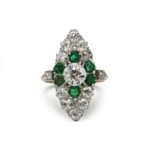 Art Deco Marquise Ring In 18k Gold (750) With Old-cut Diamonds And Emeralds